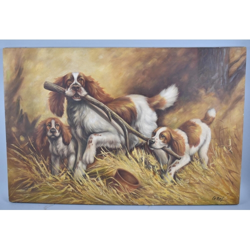 158 - A Large Mounted but Unframed Oil on Canvas Depicting Spaniel and Pups, 91x61cms