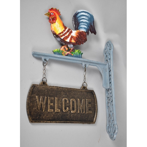 168 - A Modern Cast Metal Cold Painted Wall Mounting Welcome Sign with Cockerel Motif, 45cms High Plus VAT