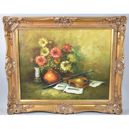 174 - A Modern Gilt Framed Still Life, Violin Beside Vase of Flowers, 49x39cms