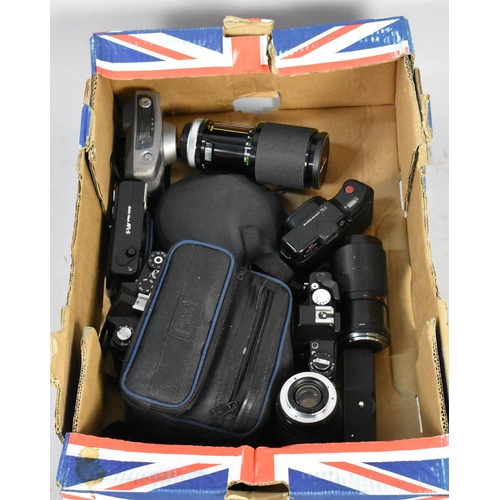 205 - A Box Containing Various Camera Bodies, Telescopic Lenses and Other Camera Accessories