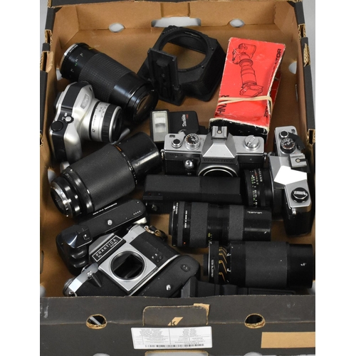 208 - A Box Containing Various Camera Bodies, Telescopic Lenses and Other Camera Accessories