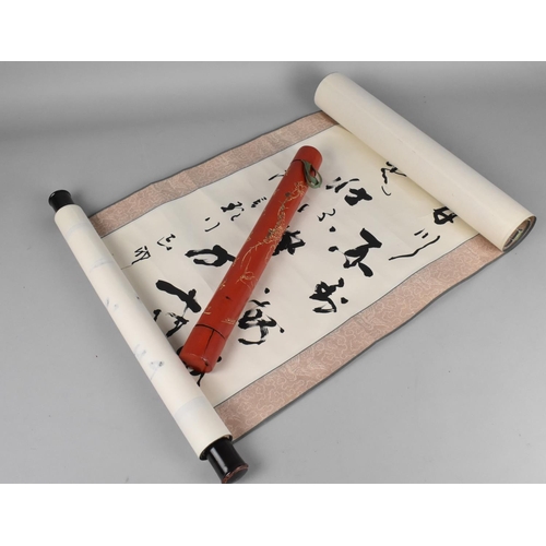 240 - A Chinese Calligraphy on Paper Scroll Together with a Red Lacquered Canister