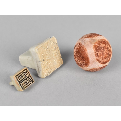 248 - Two Chinese Celadon Glazed Pottery Seals Together with a Terracotta Ball