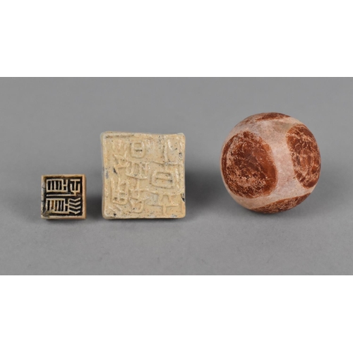 248 - Two Chinese Celadon Glazed Pottery Seals Together with a Terracotta Ball