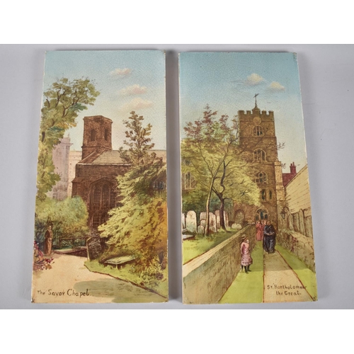25 - A Pair of Decorated Rectangular Tiles Depicting Church and Chapel, Each 30x15cms