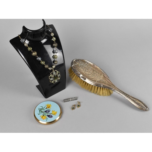 270 - A Silver Mounted Dressing Table Hairbrush, Enamelled Stratton Powder Compact and a Necklace and Pend... 