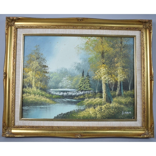 281 - A Gilt Framed Oil, Alpine Woodland with Stream, Signed, 39x29cm