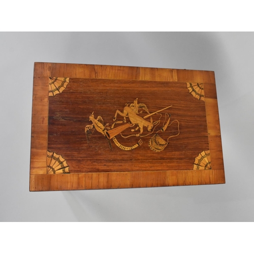 32 - A Continental Inlaid Rectangular Occasional Table Decorated with Hunted Game, Rifle and Cartridge Ba... 