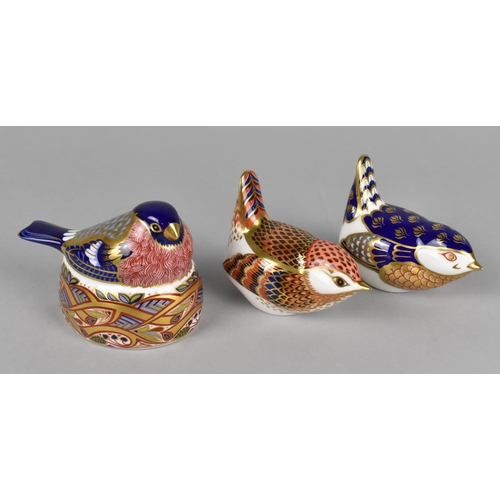 377 - Three Royal Crown Derby Paperweights, Two Wrens (Gold and Silver Buttons) and a Bullfinch Nesting (S... 