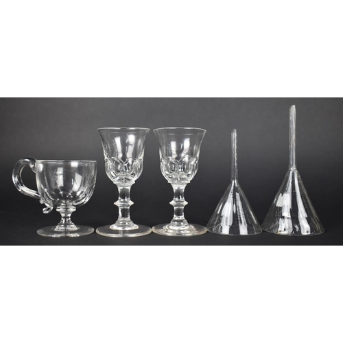 384 - A Collection of 19th Century Glass to Comprise Two Wrythen Funnels, 15cm and 12cm high, Custard Glas... 