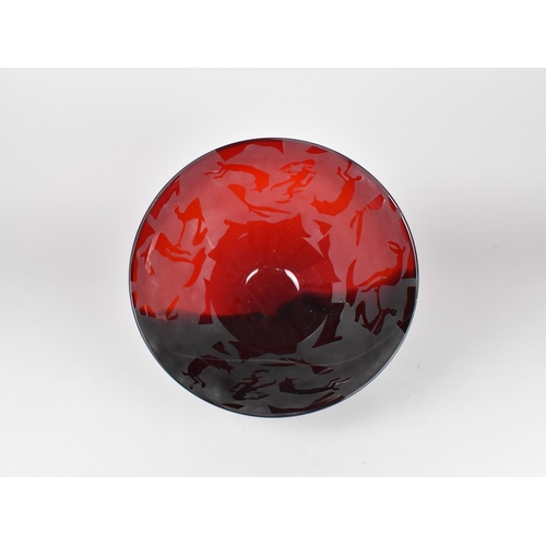 385 - A Large Studio Glass Cameo Bowl with Frosted Ruby Zoomorphic Motif Decoration, 32cm Diameter and 18.... 