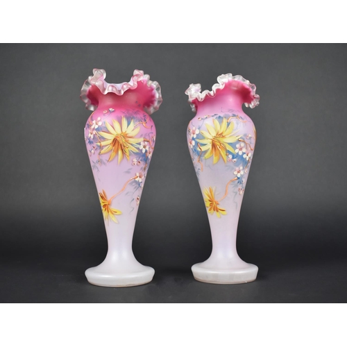 387 - A Pair of Late Victorian/Edwardian Opaque Cranberry Glass Vases with Ruffled Rims, the Tapering Balu... 