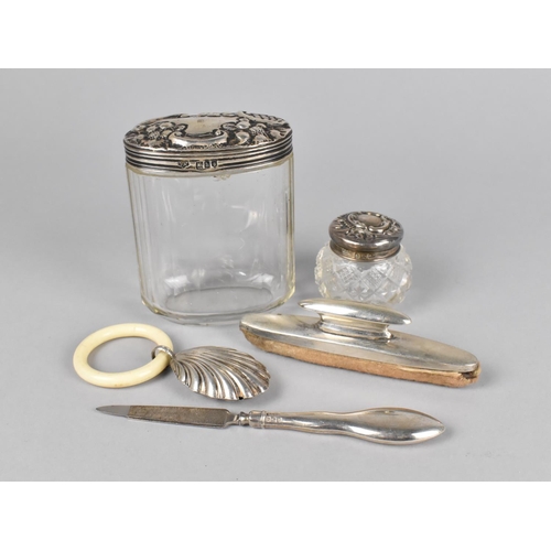 390 - A Collection of Various Silver Items to Comprise Two Glass and Silver Lidded Dressing Table Pots, Tw... 