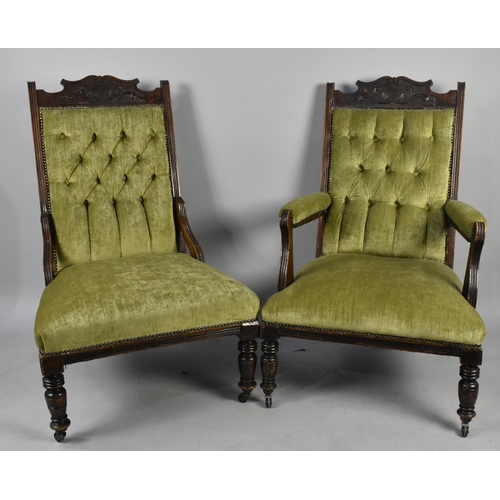 509 - A Pair of Edwardian Button Upholstered Lady's and Gents' Salon Chairs