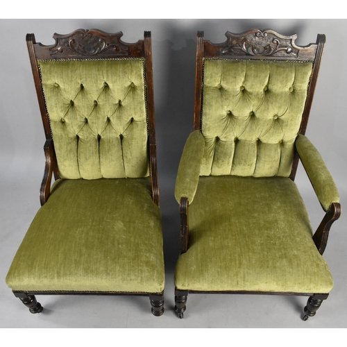 509 - A Pair of Edwardian Button Upholstered Lady's and Gents' Salon Chairs