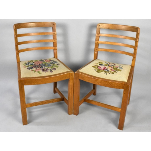 519 - A Pair of Mid 20th Century Oak Framed Ladder Back Side Chairs with Tapestry Seats