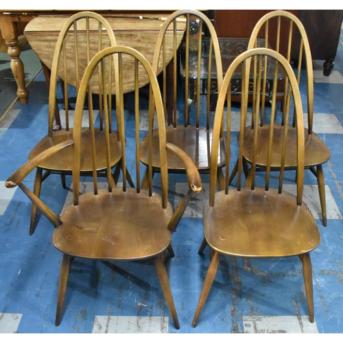 527 - A Set of Five Ercol Windsor Hooped Spindle Backed Dining Chairs to include One Carver