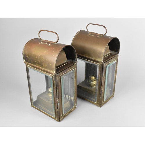 61 - A Pair of 19th Century Brass Cased Oil Lamps with Original Wheel Brand Burners, Arched Tops, 35cms H... 