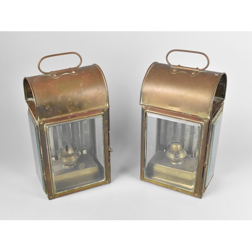 61 - A Pair of 19th Century Brass Cased Oil Lamps with Original Wheel Brand Burners, Arched Tops, 35cms H... 