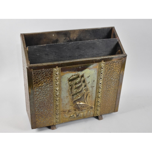 97 - A Mid 20th Century Brass Two Division Magazine Rack with Pressed Galleon Decoration to Front Panel, ... 