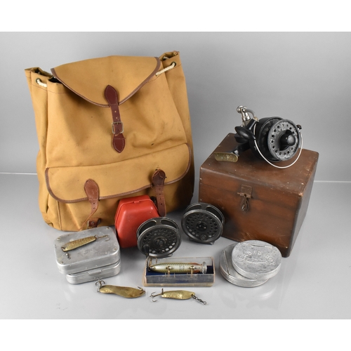 A Vintage Canvas Fishing Bag Containing Various Fishing Items to Comprise  Wooden Cased Luxor Pezon M