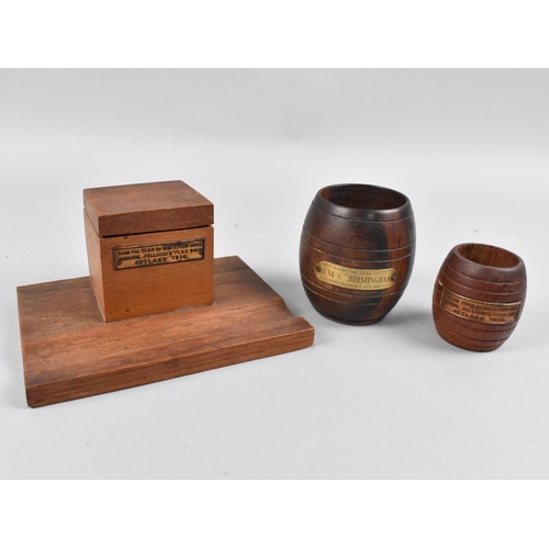 127 - Three Pieces of HMS Teak to comprise Two Match Holders, One with Plaque Inscribed From The Teak of H... 