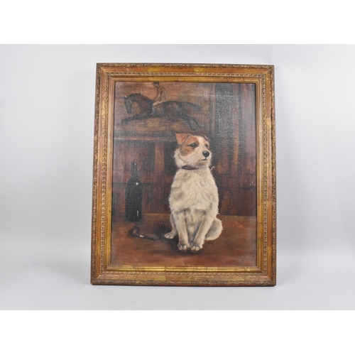 An Early 20th Century Oil on Canvas Depicting Gentleman's Jack Russell in Interior Setting Beside Pipe and Bottle of Port, Jockey and Horse Picture to Background, Subject Measuring 39x50cms High and Gilt Frame Measuring 49x60cms