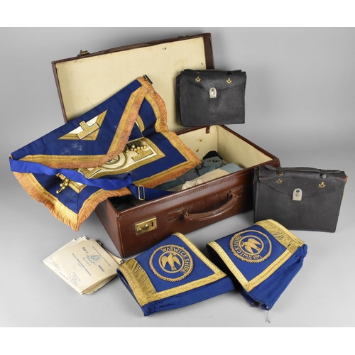 139 - A Vintage Leather Case Containing Various Masonic Ephemera to include Armbands, Aprons Etc