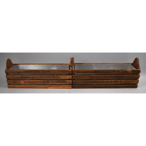 152 - A Pair of Metal Lined Wooden Planter Inscribed Harrods, Knightsbridge, London SW1, Each 35cms Long