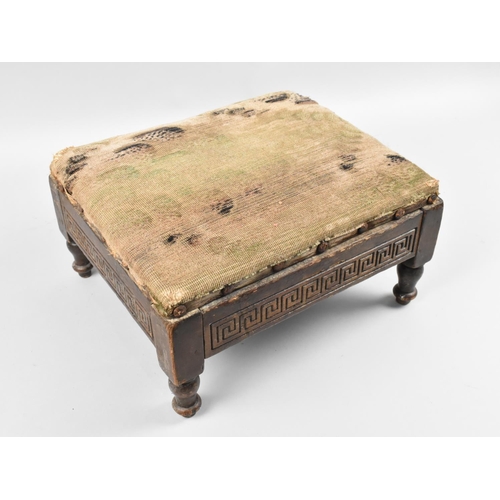 153 - A Late Victorian/Edwardian Oak Stool with Greek Key Carved Decoration and Upholstered Top on Turned ... 