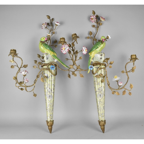 163 - A Pair of Gilt Bronze and Porcelain Two Branch Candelabras in the Form of Parrots on Reeded Tapering... 