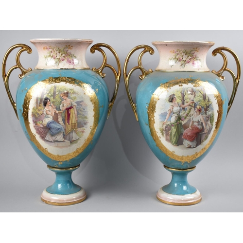 173 - A Pair of Continental Ceramic Vases with Painted Figural Cartouches in Scrolled Border on Blue Groun... 