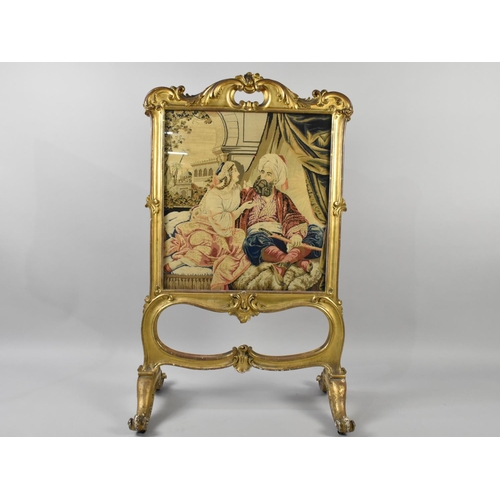 174 - A 19th Century Gilt Framed Rococo Style Fire Screen with Ornate Gesso Scroll and Leaf Decoration, Ta... 