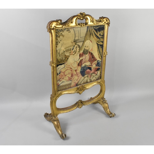 174 - A 19th Century Gilt Framed Rococo Style Fire Screen with Ornate Gesso Scroll and Leaf Decoration, Ta... 