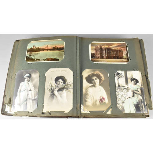 188 - An Edwardian Postcard Album Containing 290+ Postcards, Including Buildings, Risque, People, Flowers ... 