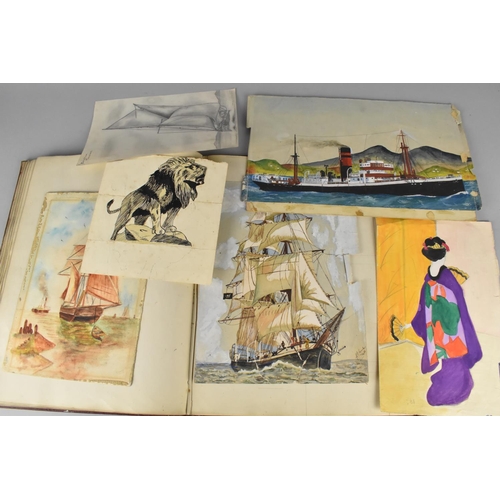 196 - A Bound Folio of Pen and Ink and Watercolours To include Cunard Ships, Aquitania Etc