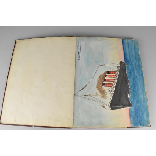 196 - A Bound Folio of Pen and Ink and Watercolours To include Cunard Ships, Aquitania Etc