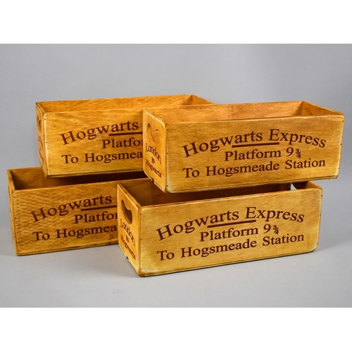 201 - Four Wooden Rectangular Boxes with Cut Out Carry Handles, inscriptions for London to Hogwarts, Hogwa... 