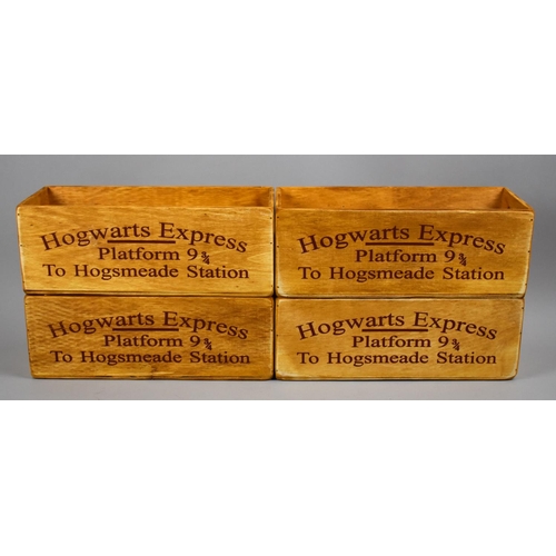 201 - Four Wooden Rectangular Boxes with Cut Out Carry Handles, inscriptions for London to Hogwarts, Hogwa... 