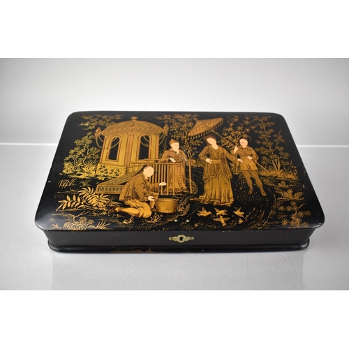 26 - A Late 19th/20th Century Chinoiserie Box with Hinged Lid Decorated with Figures in Garden Settings, ... 