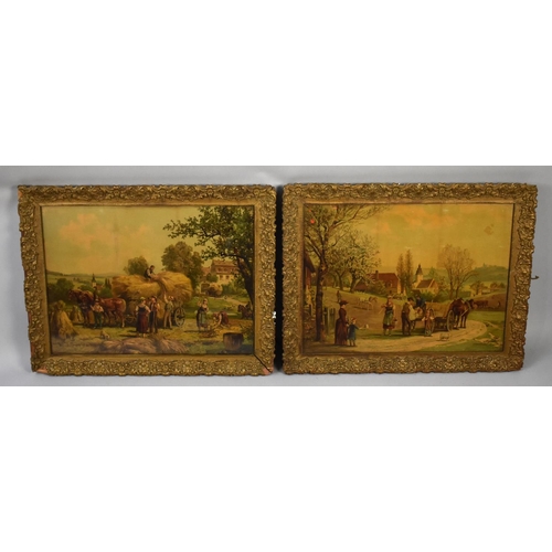 264 - A Pair of Gilt Framed Prints, Rural Village Scene with Cart Horse and Figures, Frames with Moulded S... 