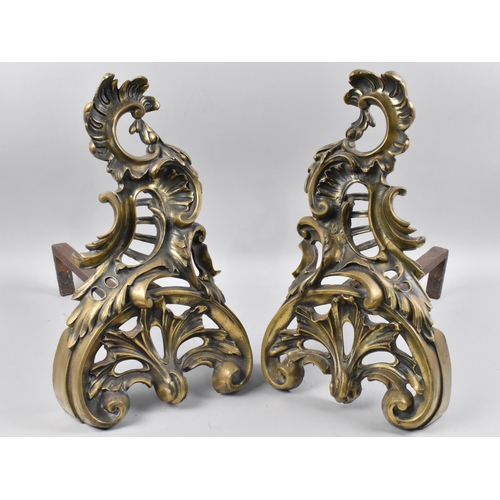 267 - A Large Pair of 19th Century Rococo Style Fire Dogs, Scrolled Form, 40cms High