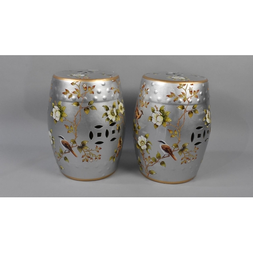 282 - A Pair of Reproduction Chinese Ceramic Barrel Seats with Printed Bird and Flower Decoration on Silve... 