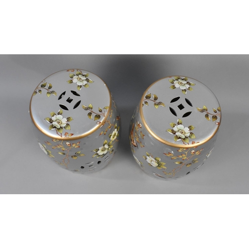 282 - A Pair of Reproduction Chinese Ceramic Barrel Seats with Printed Bird and Flower Decoration on Silve... 