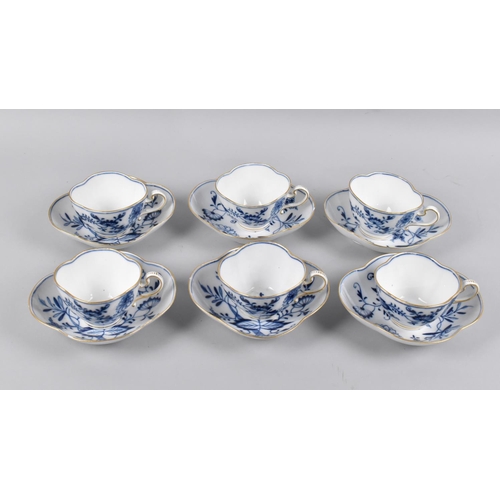 346 - A Set of Six Blue and White German Porcelain Cups and Saucers, Quatrefoil Form decorated in the Onio... 