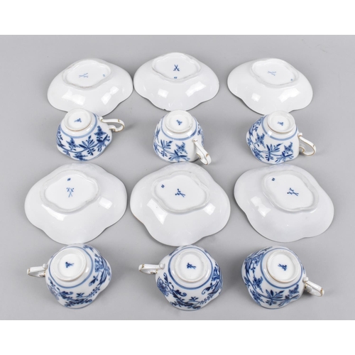 346 - A Set of Six Blue and White German Porcelain Cups and Saucers, Quatrefoil Form decorated in the Onio... 