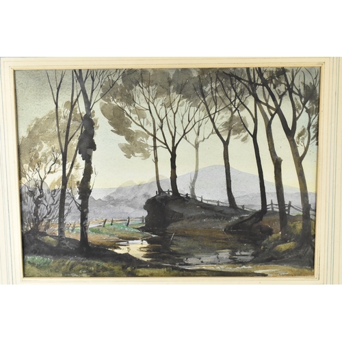 352 - A Framed and Glazed Watercolour Depicting Wooded Brook with Mountains to Background, 61x53cms includ... 