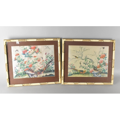 367 - A Pair of Oriental Faux Bamboo Framed Prints on Fabric, Frames 41.5x36cms