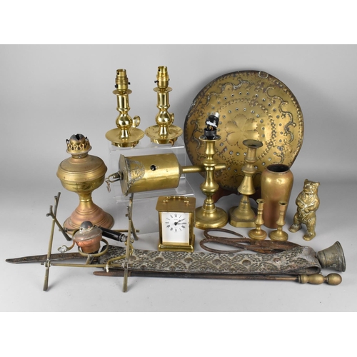 411 - A Collection of Various Brasswares to comprise Candlesticks, Lamp Bases, Clockwork Meat Jack, Bear O... 