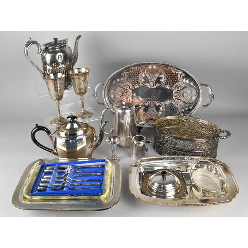 415 - A Collection of Various Silver Plated Items to comprise Galleried Oval Tray, Teapots, Goblets Etc